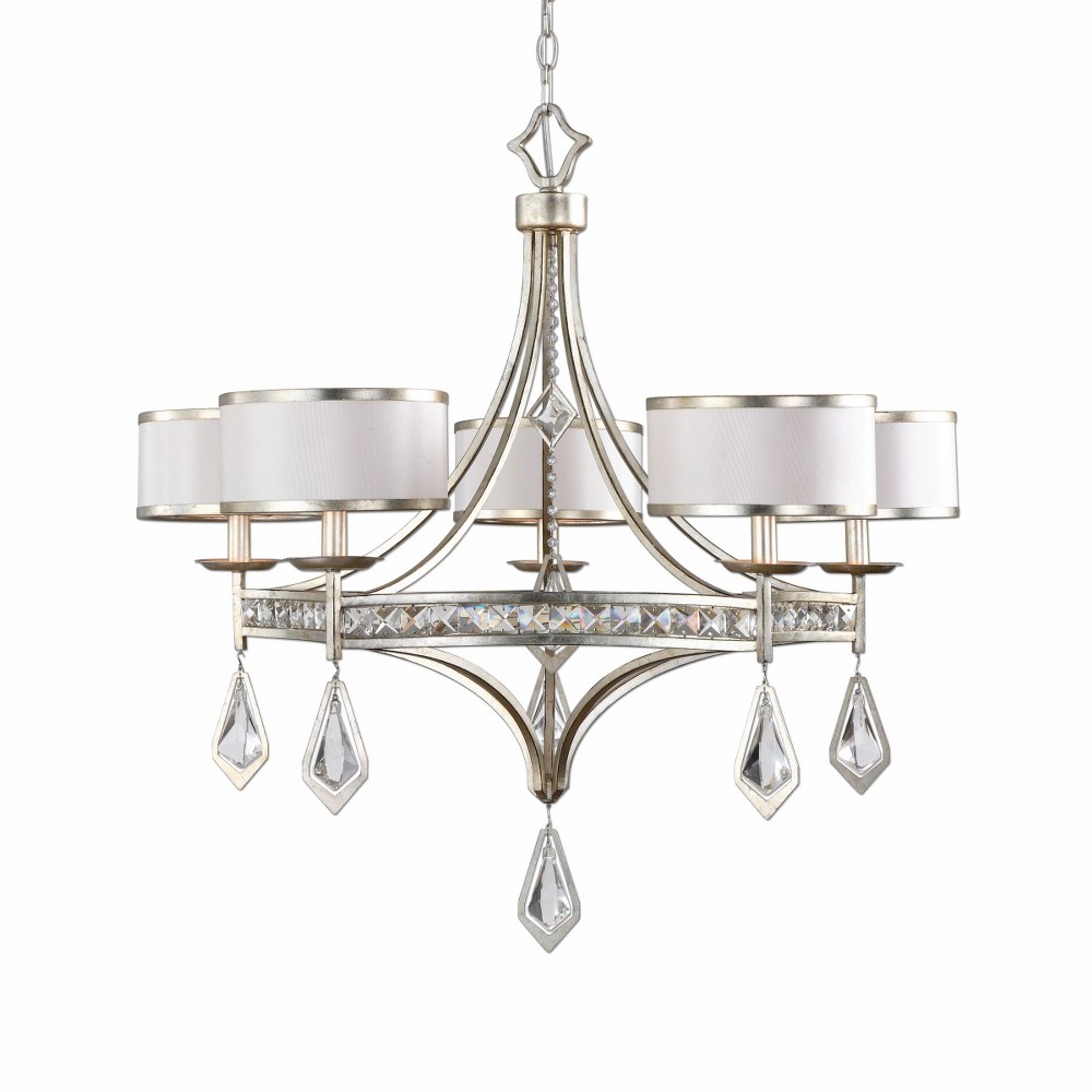 Uttermost-21268-Tamworth Chandelier 5 Light Iron /Crystal /Linen Silken Off White   Burnished Silver Champagne Leaf Finish with Silken Off White Shade with Clear Crystal