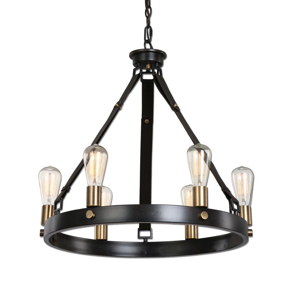 Uttermost-21273-Marlow Chandelier 6 Light Steel/Leather - 23.75 inches wide by 23.75 inches deep   Dark Antique Bronze/Weathered Bronze Finish