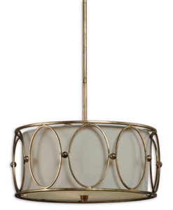 Uttermost-21955-Ovala Drum Pendant 3 Light Beige Linen Fabric   Antiqued Gold Leaf Finish with Beige Linen Fabric Shade