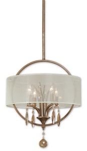 Uttermost-21962-Alenya Drum Pendant 4 Light Silken Champagne Sheer Fabric - 17.75 inches wide by inches deep   Burnished Gold Finish with Silken Champagne Sheer Fabric Shade with Golden Teak Crystal