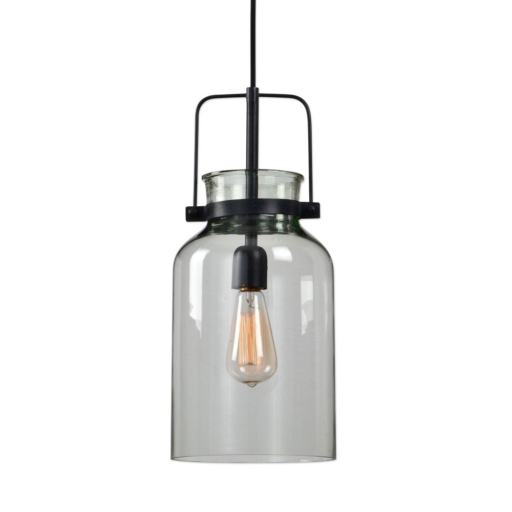 Uttermost-22101-Lansing Mini Pendant 1 Light - 8 inches wide by 8 inches deep   Textured Black Finish with Clear Glass