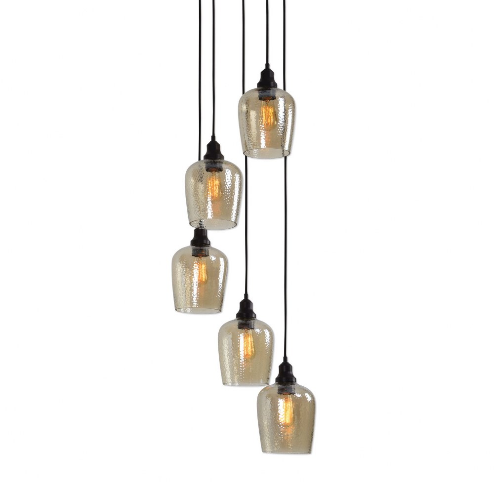 Uttermost-22119-Aarush Pendant 5 Light - 18 inches wide by 18 inches deep   Oil Rubbed Bronze Finish with Rich Amber Hammered Glass