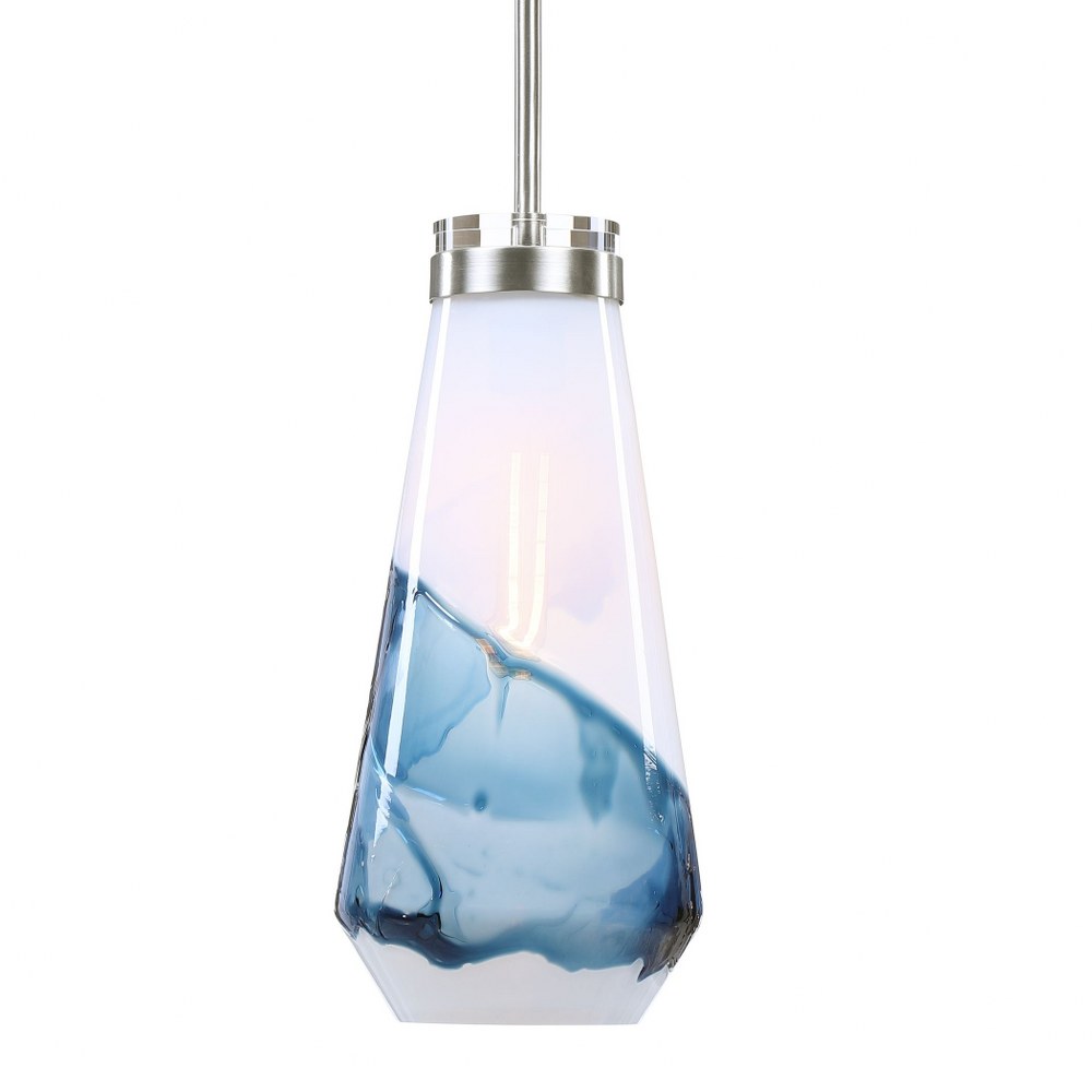 Uttermost-22197-Windswept Mini Pendant 1 Light - 8.25 inches wide by 8.25 inches deep   Brushed Nickel Finish with White/Blue Glass with Clear Crystal