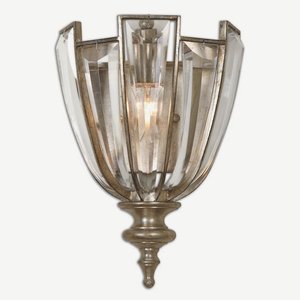 Uttermost-22494-Vicentina - 1 Light Wall Sconce - 9 inches wide by 4.75 inches deep   Burnished Silver Champagne Leaf Finish with Beveled Crystal