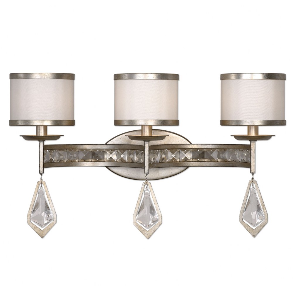 Uttermost-22505-Tamworth 3 Light Bath Vanity Strip - 22.13 inches wide by 8 inches deep   Burnished Silver Champagne Leaf Finish with Silken Off White Fabric Shade with Clear Crystal