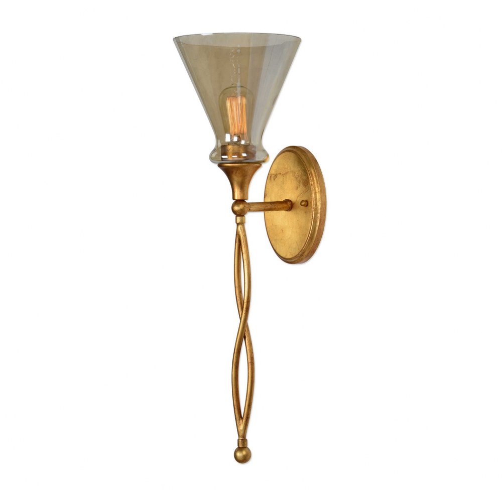 Uttermost-22512-Glam - 1 Light Wall Sconce   Antiqued Gold Leaf Finish with Amber Glass