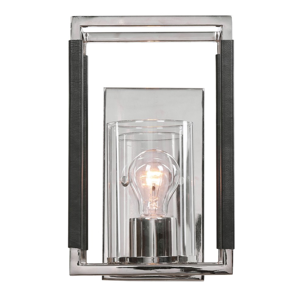 Uttermost-22527-Newburgh - 1 Light Wall Sconce - 7 inches wide by 7 inches deep   Polished Nickel/Hand Sewn Textured Black Leather Finish with Clear Glass
