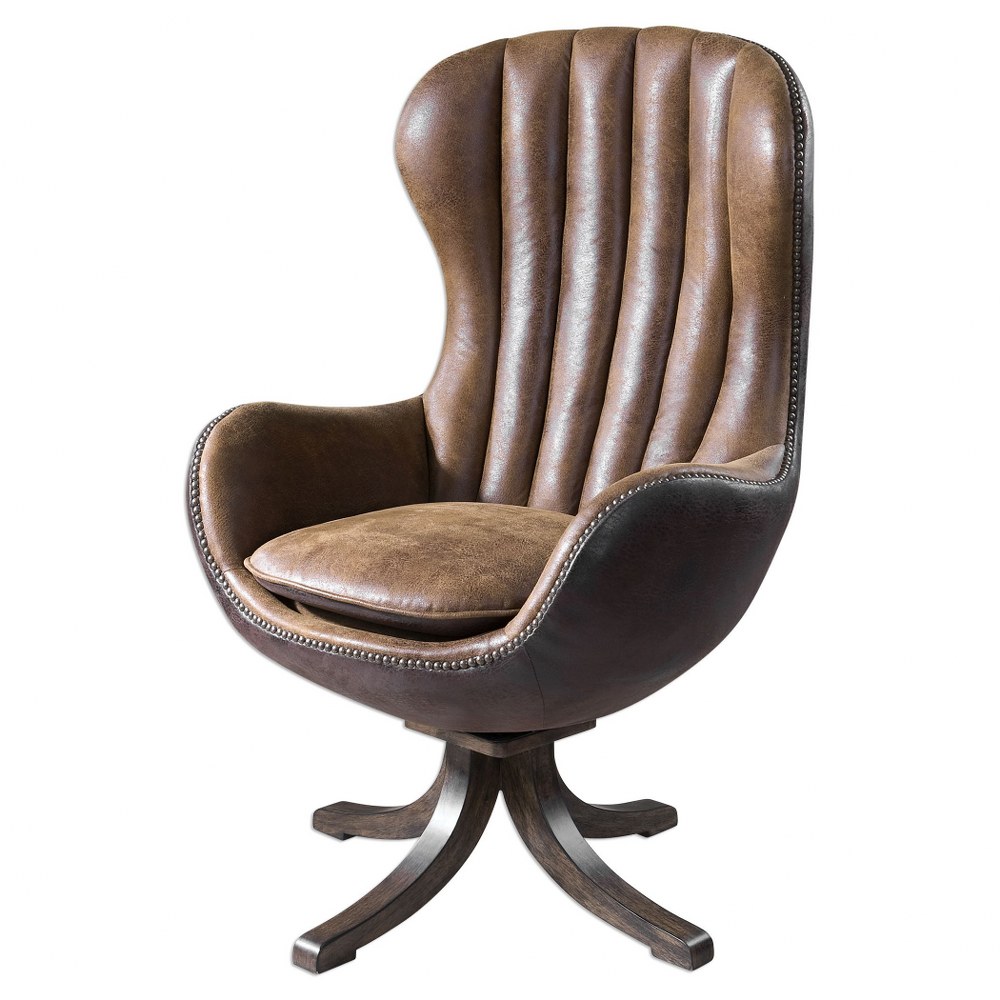 Uttermost-23268-Garrett - 46.5 inch Mid-century Swivel Chair   Toffee Brown Faux Sueded/Chestnut Brown/Antique Brass Finish