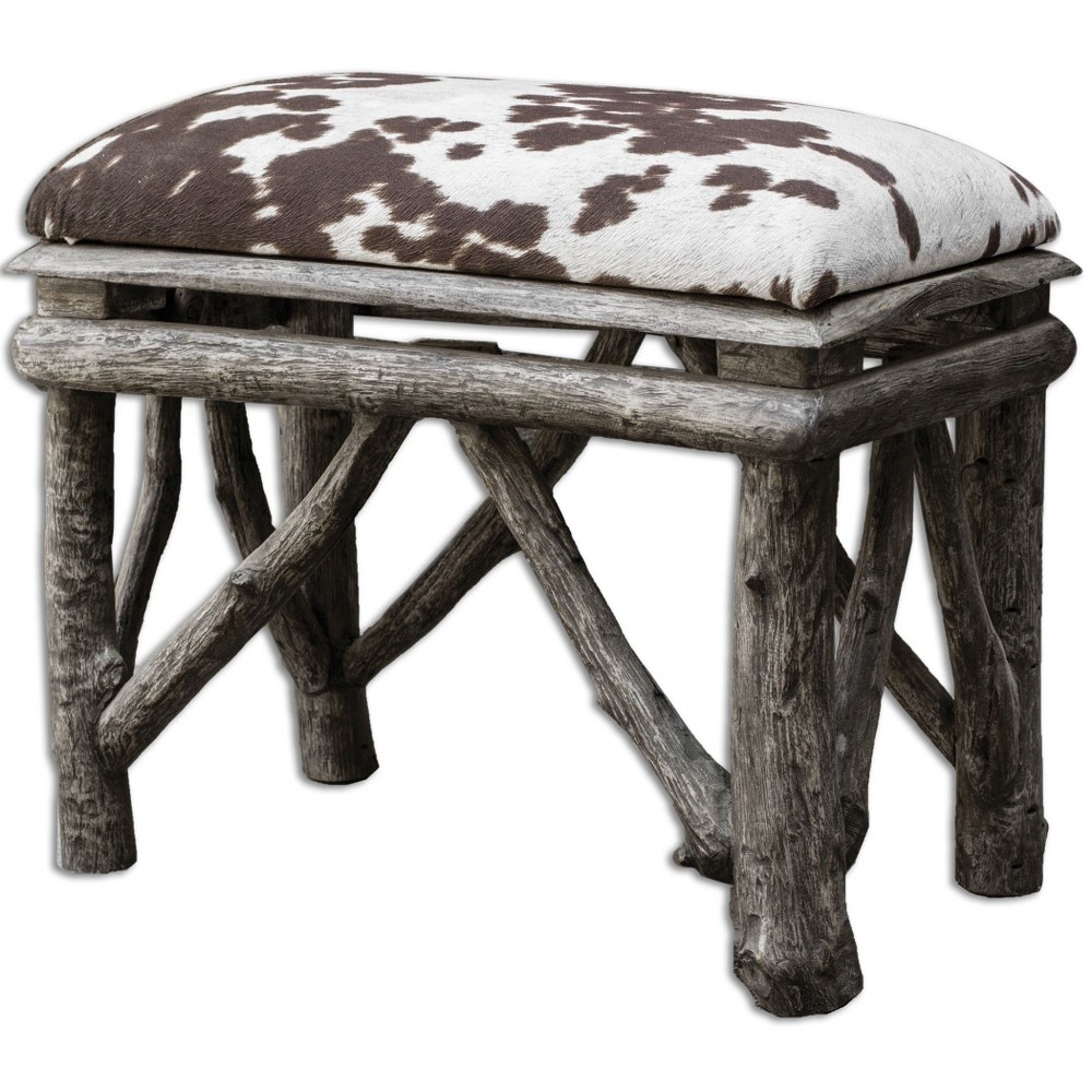 Uttermost-23639-Chavi - 22 inch Small Bench   Weathered Driftwood/Plush Velvet/Chocolate/Milky White Finish