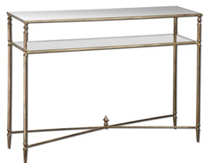 Uttermost-24278-Henzler - 45.38 inch Console Table - 45.38 inches wide by 14 inches deep   Antiqued Gold Leaf Finish with Clear Tempered Glass