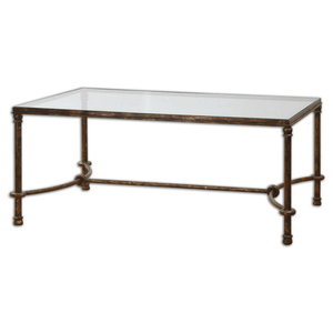 Uttermost-24333-Warring - 48 inch Coffee Table   Rustic Bronze Patina Finish with Clear Tempered Glass