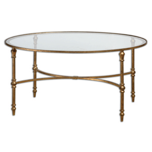 Uttermost-24338-Vitya - 40 inch Coffee Table   Antique Gold Leaf Finish with Clear Tempered Glass