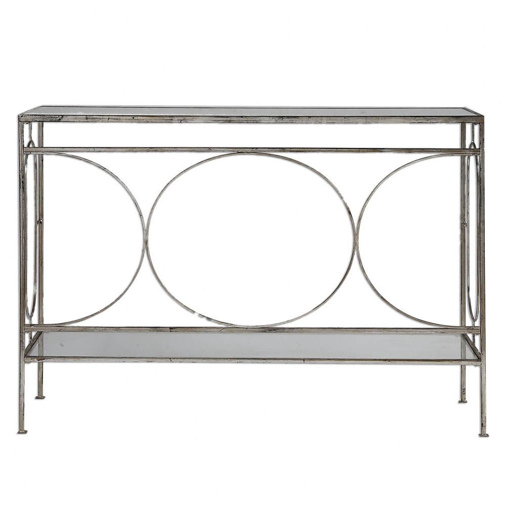 Uttermost-24541-Luano - 48 inch Console Table - 48 inches wide by 14 inches deep   Distressed Antique Silver Finish with Clear Tempered Glass