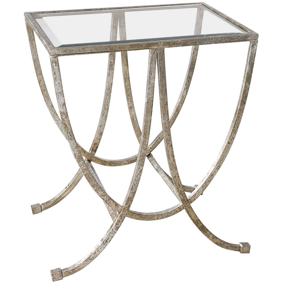 Uttermost-24592-Marta - 27.25 inch Side Table   Antiqued Silver Leaf Finish with Clear Tempered Glass