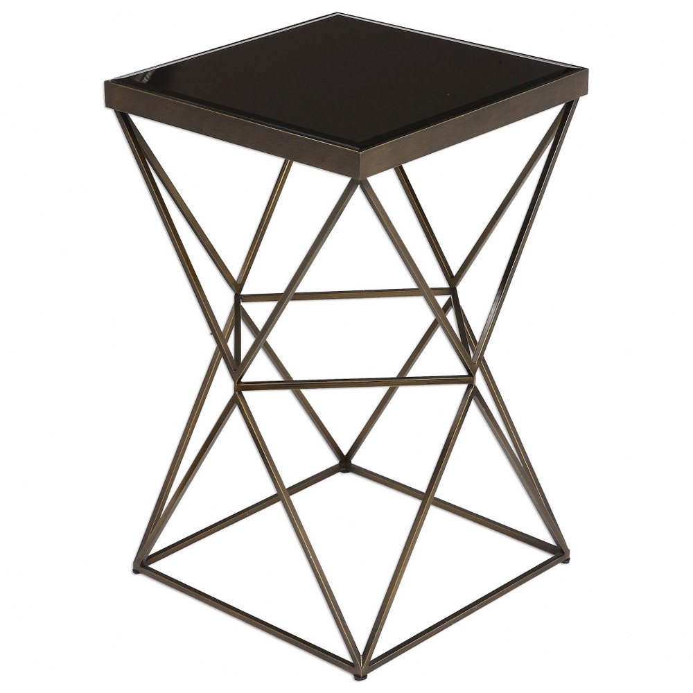 Uttermost-24614-Uberto - 24 inch Caged Frame Accent Table - 15 inches wide by 15 inches deep   Antique Bronze Finish with Beveled Black Tempered Glass