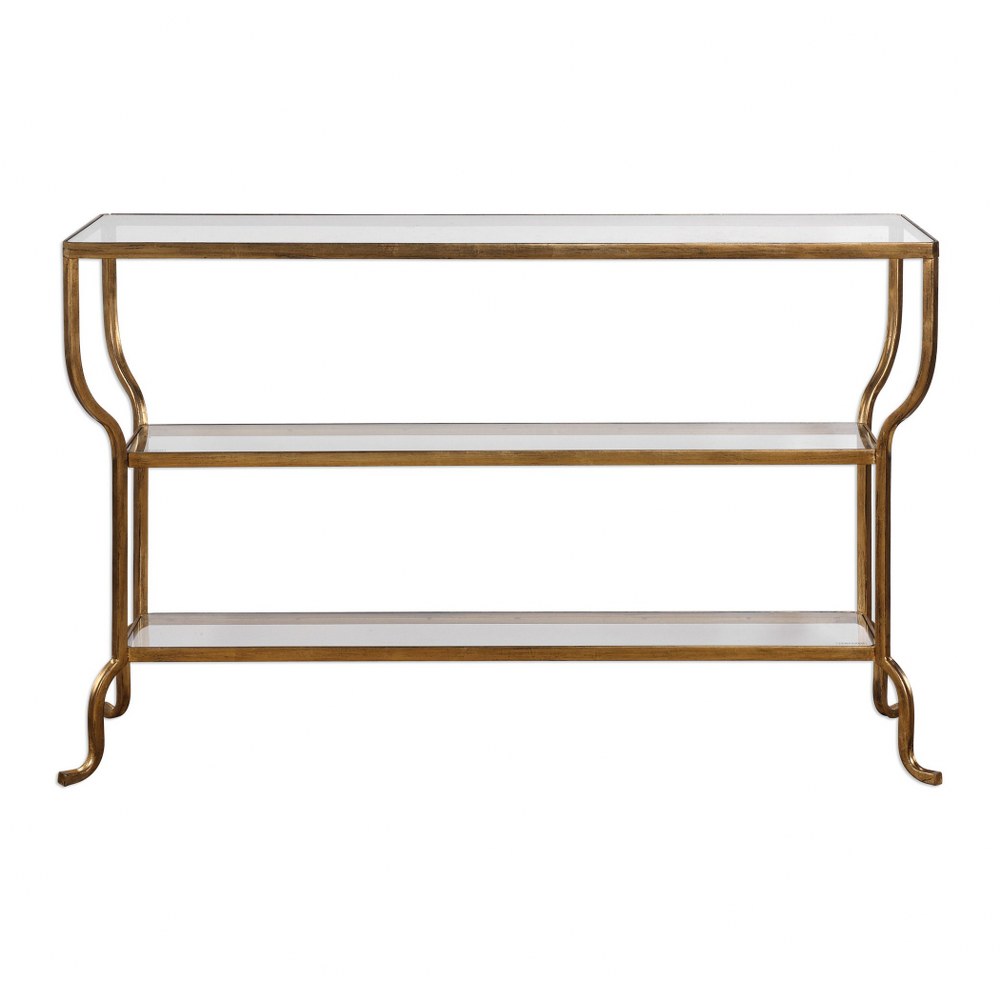Uttermost-24668-Deline - 54.13 inch Console Table - 54.13 inches wide by 13.88 inches deep   Antiqued Gold Finish with Clear Tempered Glass