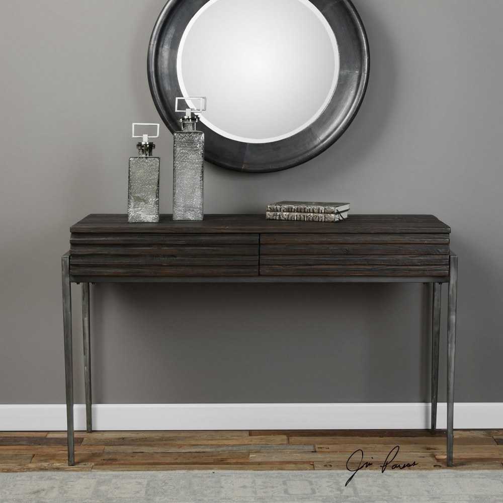 Uttermost-24746-Morrigan - 49.2 inch Industrial Console Table   Walnut Stain/Deep Gray Glaze/Old Iron Finish