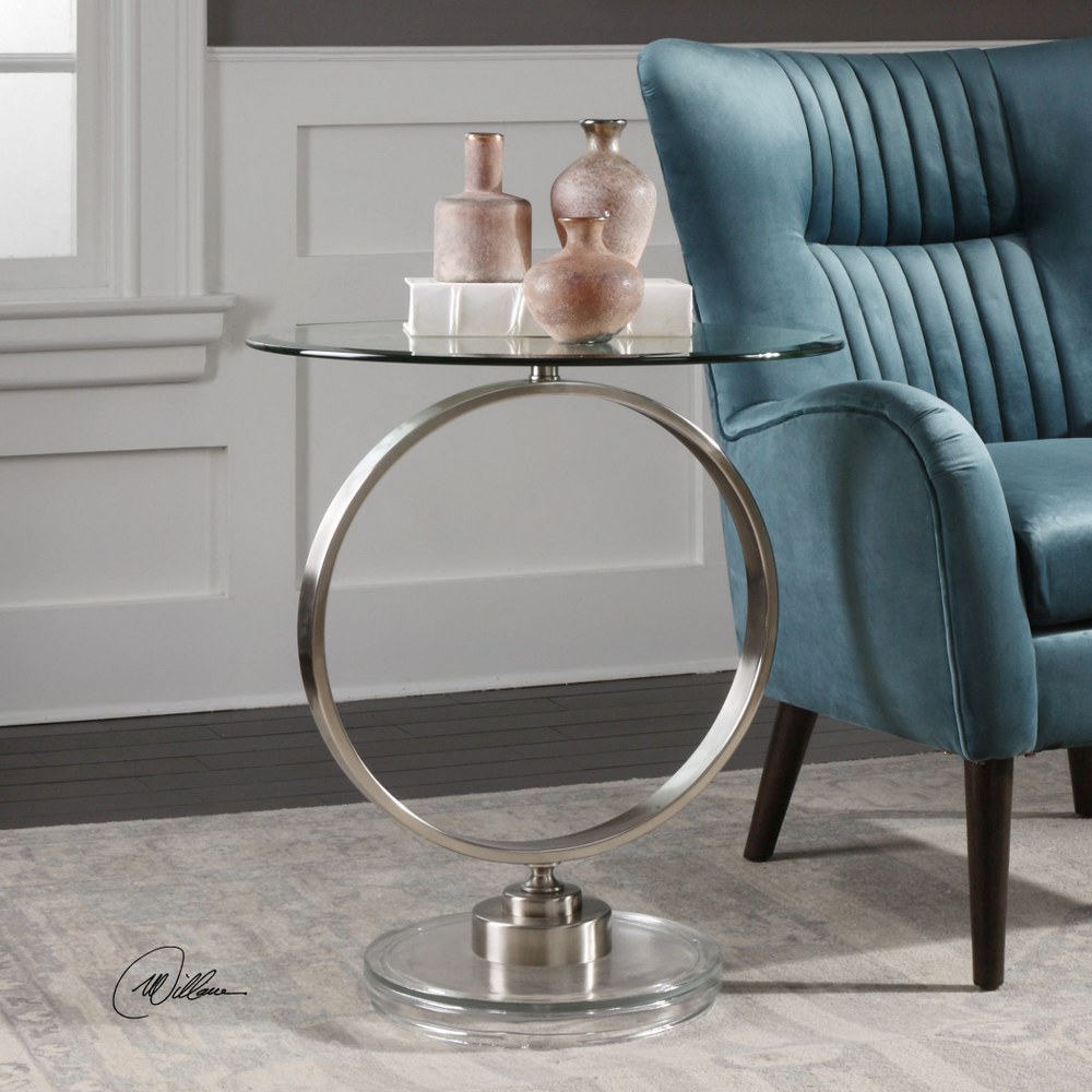 Uttermost-24750-Dixon - 26.5 inch Accent Table   Brushed Nickel Finish with Beveled Tempered Glass