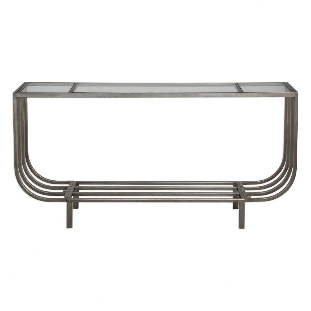 Uttermost-24764-Arlice - 67.75 inch Console Table   Bright Silver Leaf Finish with Clear Tempered Glass