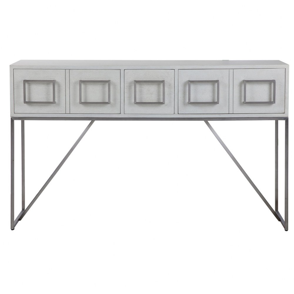 Uttermost-24954-Abaya - 54 inch Console Table   Soft White/Light Gray Distress/Brushed Nickel Finish