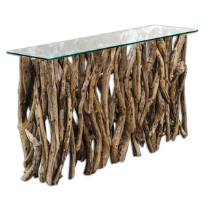 Uttermost-25593-Teak Wood - 59 inch Console   Natural Teak Wood Finish with Clear Glass