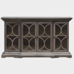 Uttermost-25629-Belino - 64 inch 4 Door Chest   Paris Silver/Walnut/Fine Wood Grain Finish with Clear Glass