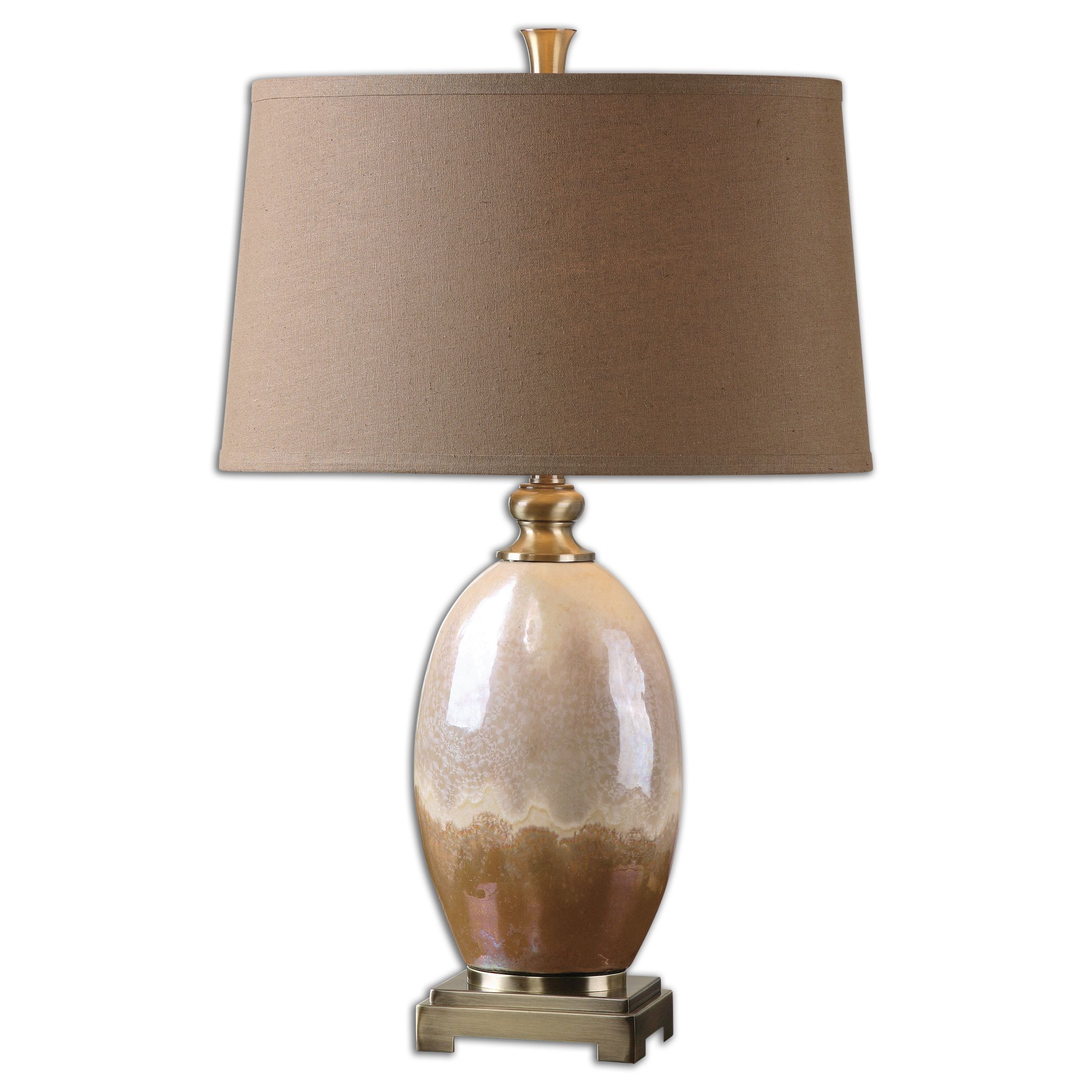 Uttermost-26156-Eadric - 1 Light Table Lamp - 19 inches wide by 10 inches deep   Iridescent Ivory/Rust Brown Glaze/Plated Brushed Antiqued Gold Finish with Rust Brown Linen Fabric Shade