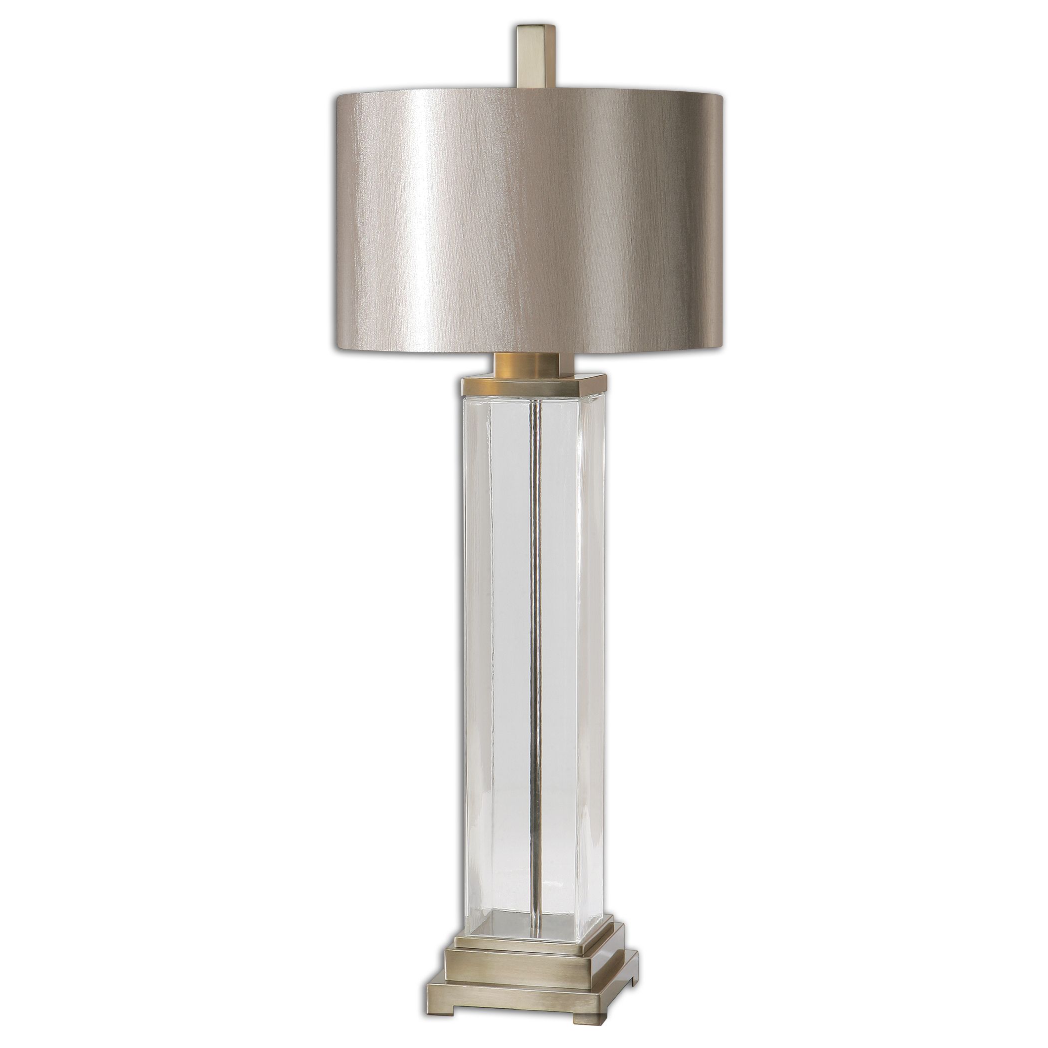 Uttermost-26160-1-Drustan - 1 Light Table Lamp   Brushed Champagne Plated Finish with Clear Glass with Silken Champagne Bronze Fabric Shade