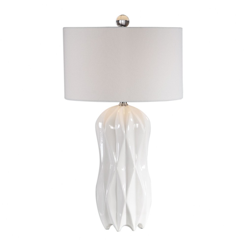 Uttermost-26204-Malena - One Light Table Lamp - 17 inches wide by 17 inches deep   Glossy White Glaze/Polished Nickel Finish with White Linen Fabric Shade