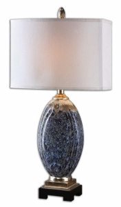 Uttermost-26298-1-Latah - 1 Light Table Lamp   Mottled Blue Glaze/Rust Distress/Aged Ivory/Silver Champagne Finish with Silken Off-White Fabric Shade