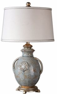 Uttermost-26483-Cancello - 1 Light Table Lamp - 17 inches wide by 17 inches deep   Distressed Light Blue Glaze/Rust/Tan Glaze/Silver Leaf Finish with Off White Linen Fabric Shade