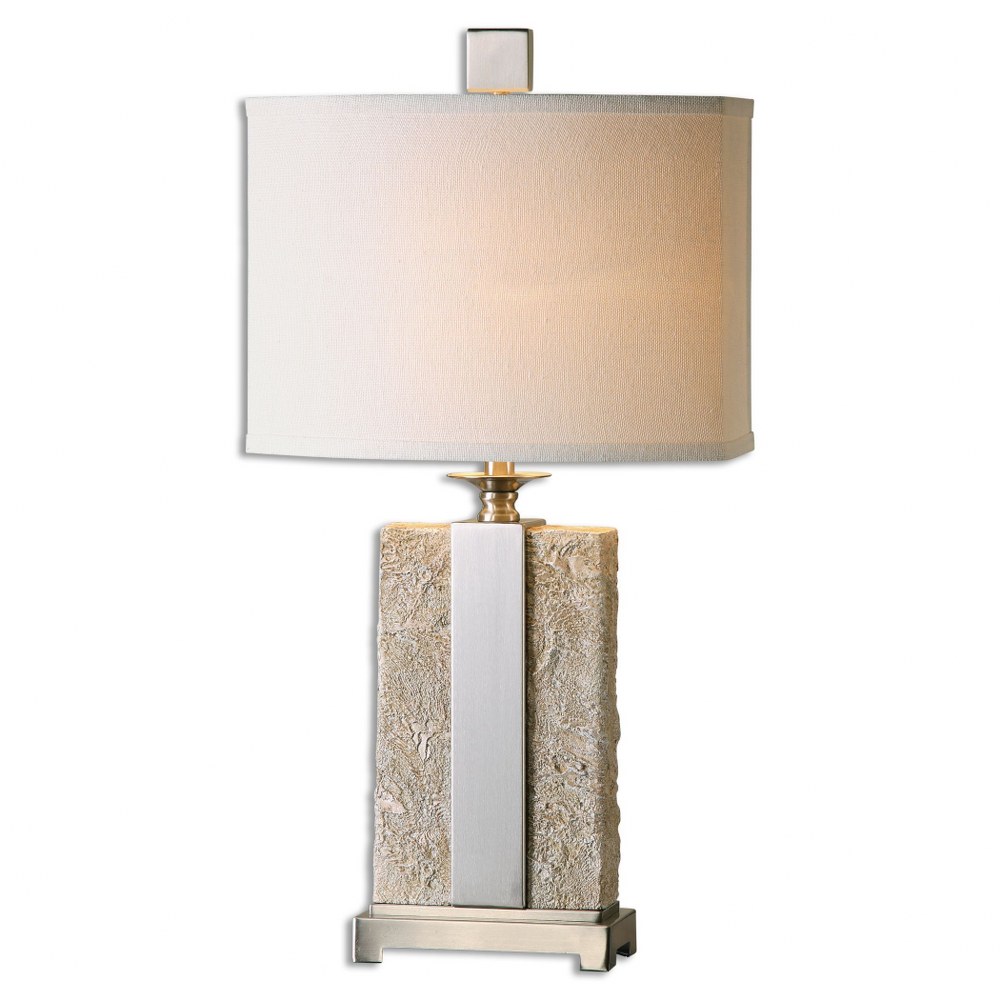 Uttermost-26508-1-Bonea - 1 Light Table Lamp   Antiqued Stone Ivory/Plated Brushed Nickel Finish with Light Beige Linen Fabric Shade