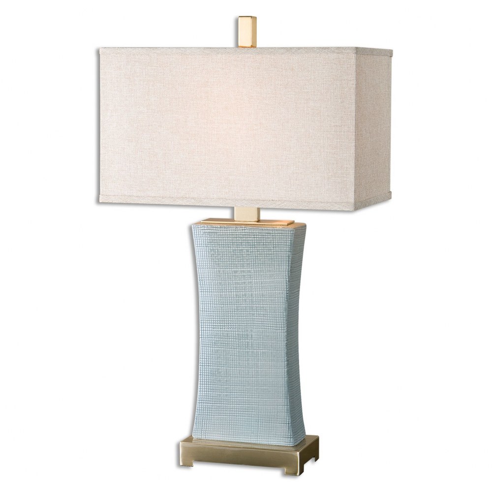 Uttermost-26673-1-Cantarana - 1 Light Table Lamp - 17 inches wide by 9 inches deep   Pale Blue Gray Glaze/Plated Coffee Bronze Finish with Rust Beige Linen Fabric Shade