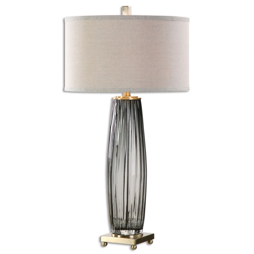 Uttermost-26698-1-Vilminore - 1 Light Table Lamp - 17 inches wide by 17 inches deep   Antiqued Brass Finish with Transparent Charcoal Gray Glass with Light Beige Shade