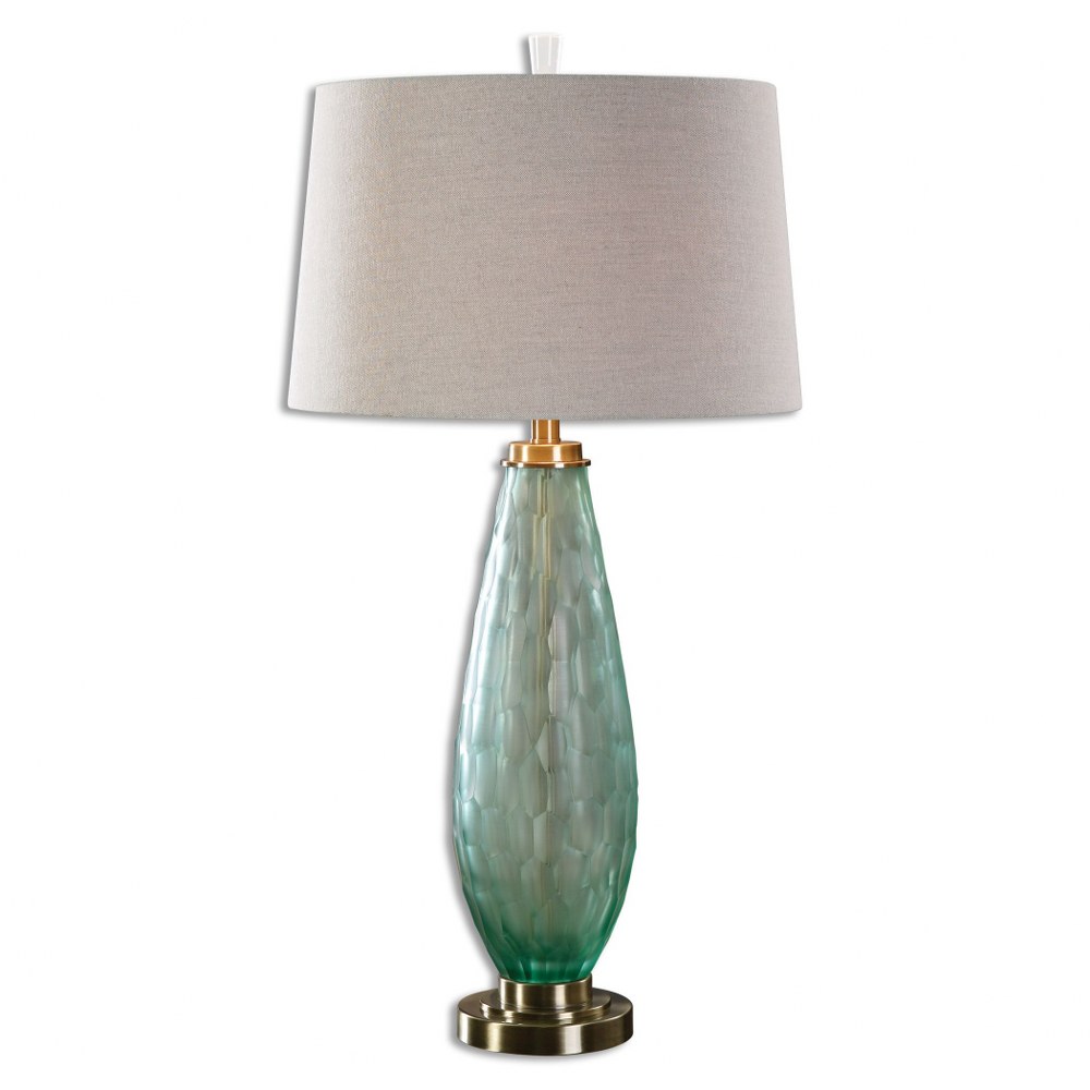 Uttermost-27003-Lenado - 1 Light Table Lamp - 17 inches wide by 17 inches deep   Brushed/Antiqued Brass Finish with Frosted/Sea Green Glass with Gainsboro Gray Linen Fabric Shade