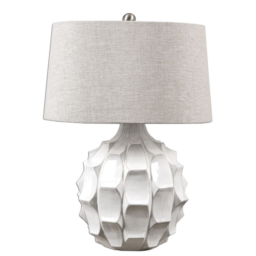 Uttermost-27052-Guerina - 1 Light Table Lamp - 19 inches wide by 19 inches deep   Distressed Gloss White/Brushed Nickel Finish with Light Taupe Gray Linen Fabric Shade