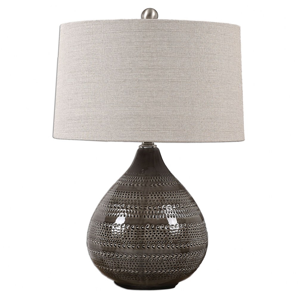 Uttermost-27057-1-Batova - 1 Light Table Lamp - 17 inches wide by 17 inches deep   Warm Smoke Gray Glaze/Brushed Nickel Finish with Beige Linen Fabric Shade