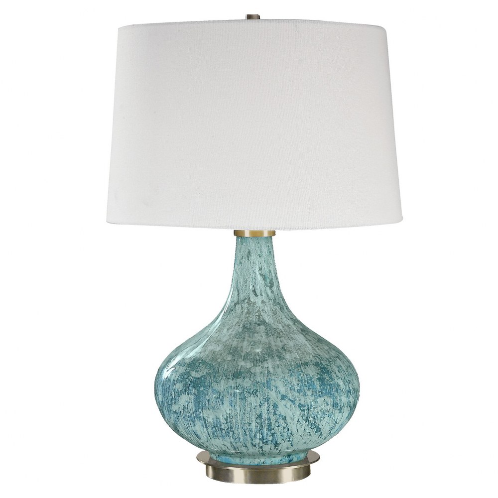 Uttermost-27076-Celinda - 1 Light Table Lamp - 15.5 inches wide by 14 inches deep   Brushed Brass Finish with Mottled/Light Blue Gray Glass with Ivory Linen Fabric Shade