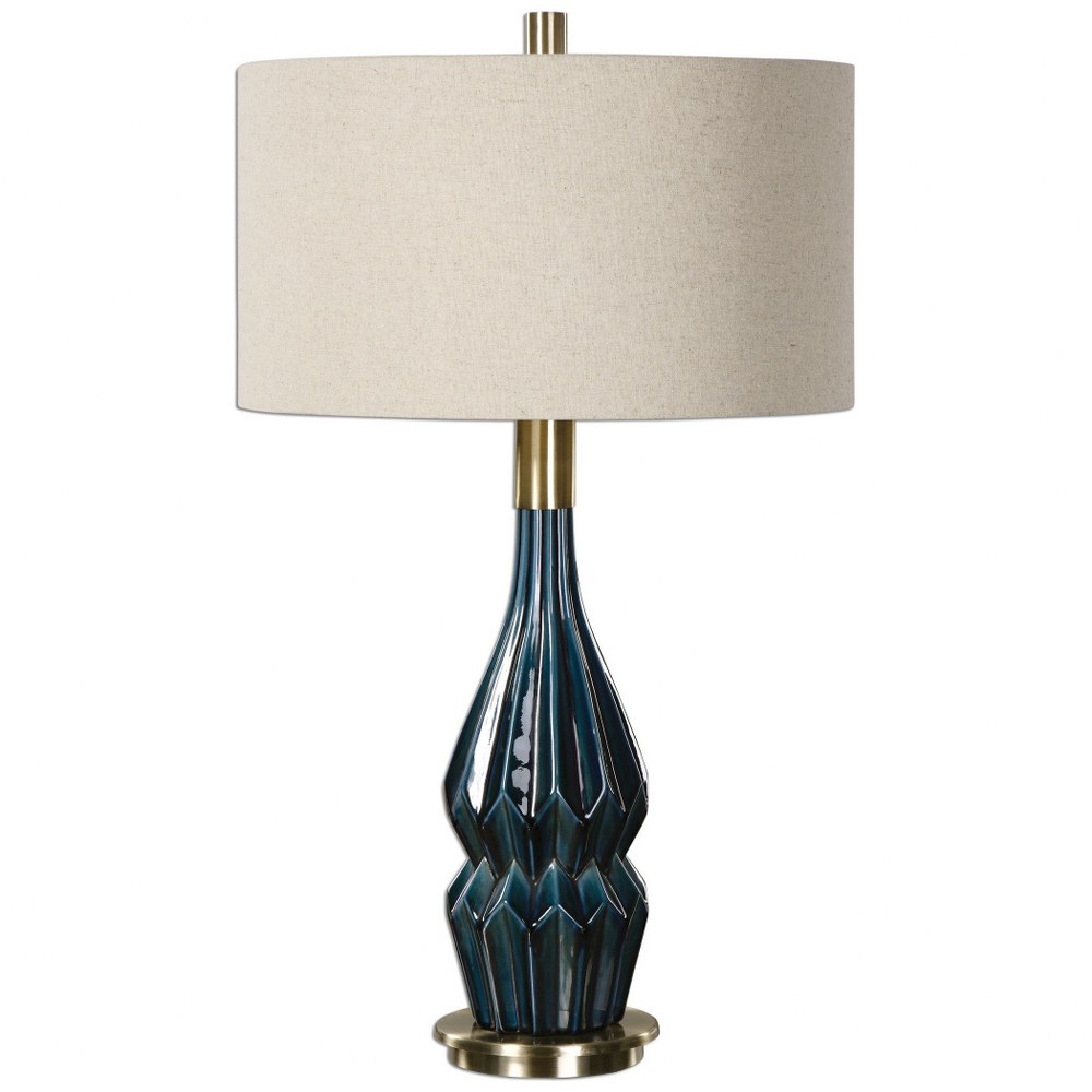 Uttermost-27081-1-Prussian - 1 Light Table Lamp - 18 inches wide by 18 inches deep   Deep Blue Ceramic Glaze/Brushed Antique Brass Finish with Oatmeal Linen Fabric Shade