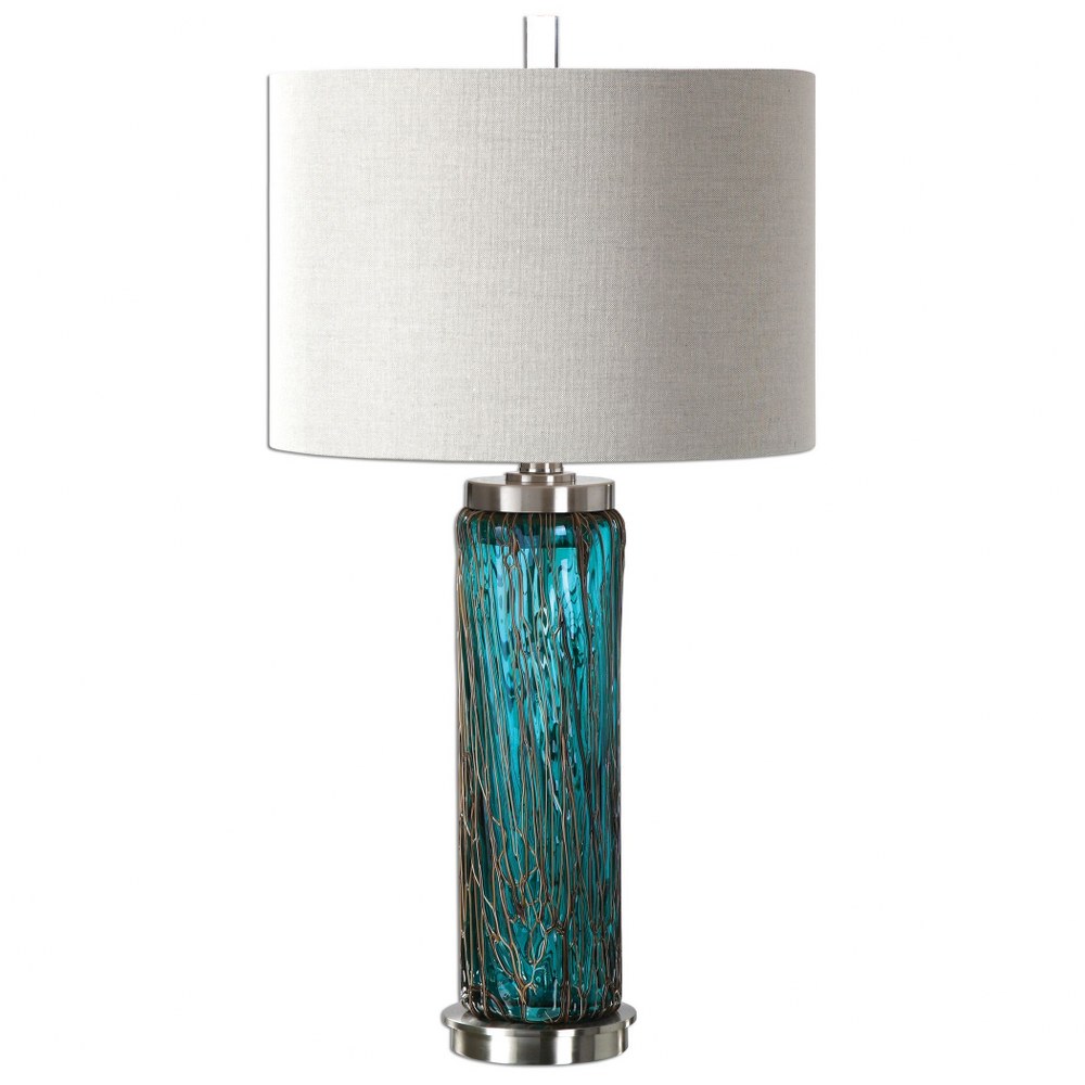 Uttermost-27087-1-Almanzora - 1 Light Table Lamp - 15.5 inches wide by 15.5 inches deep   Bronze Sugar Spun/Brushed Nickel Finish with Blue Glass with Light Beige Linen Fabric Shade