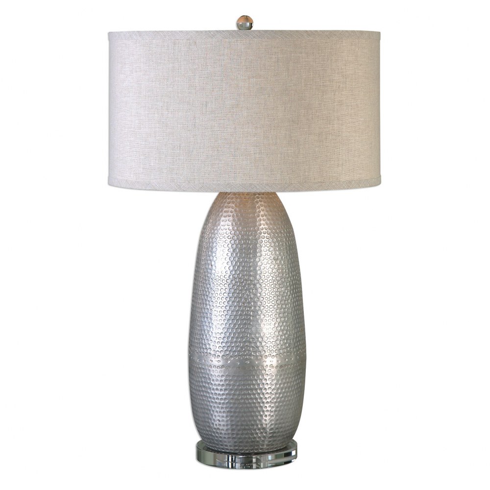 Uttermost-27121-1-Tartaro - 1 Light Industrial Table Lamp - 19 inches wide by 19 inches deep   Burnished Industrial Silver/Crystal Finish with Light Beige Linen Fabric Shade