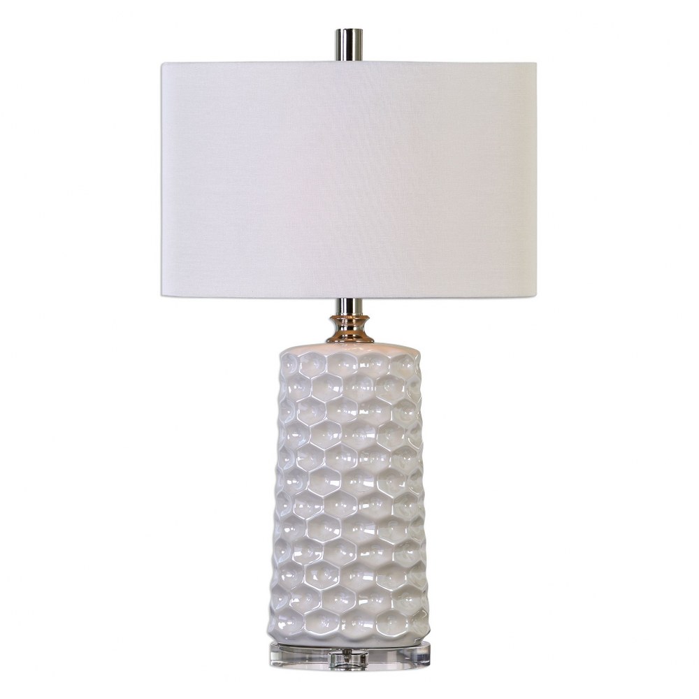 Uttermost-27142-1-Sesia - 1 Light Table Lamp - 18 inches wide by 10 inches deep   Gloss White/Polished Nickel/Crystal Finish with White Linen Fabric Shade