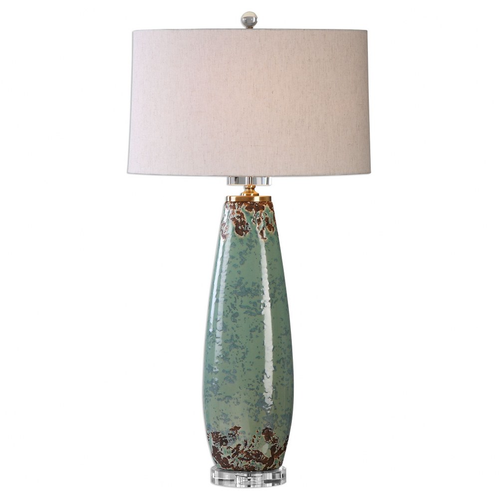 Uttermost-27157-1-Rovasenda - 1 Light Table Lamp - 18 inches wide by 11 inches deep   Pale Mint Green/Gray Distress/Rust/Brushed Nickel/Crystal Finish with Light Beige Linen Fabric Shade