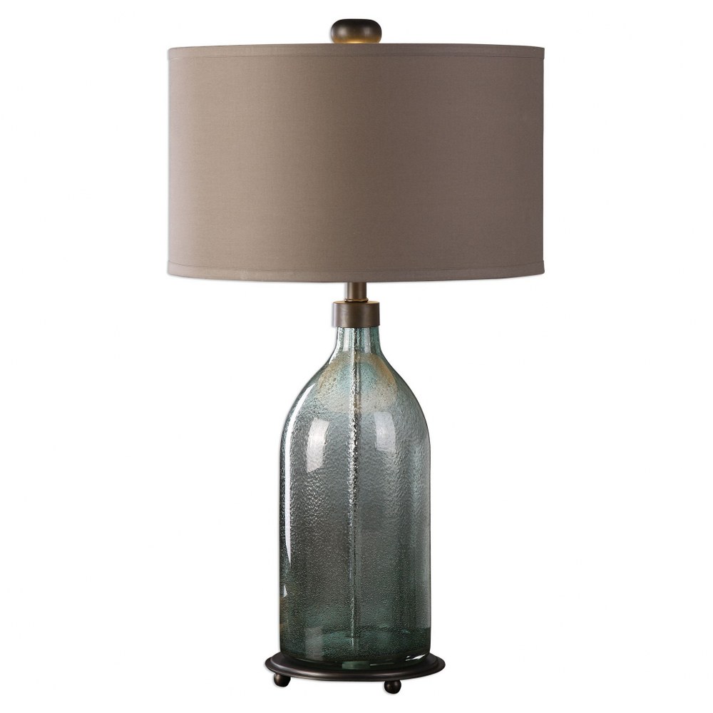 Uttermost-27197-1-Massana - 1 Light Table Lamp   Dark Oxidized Bronze Finish with Seeded Smokey/Olive-Gray Glass with Gray Linen Fabric Shade