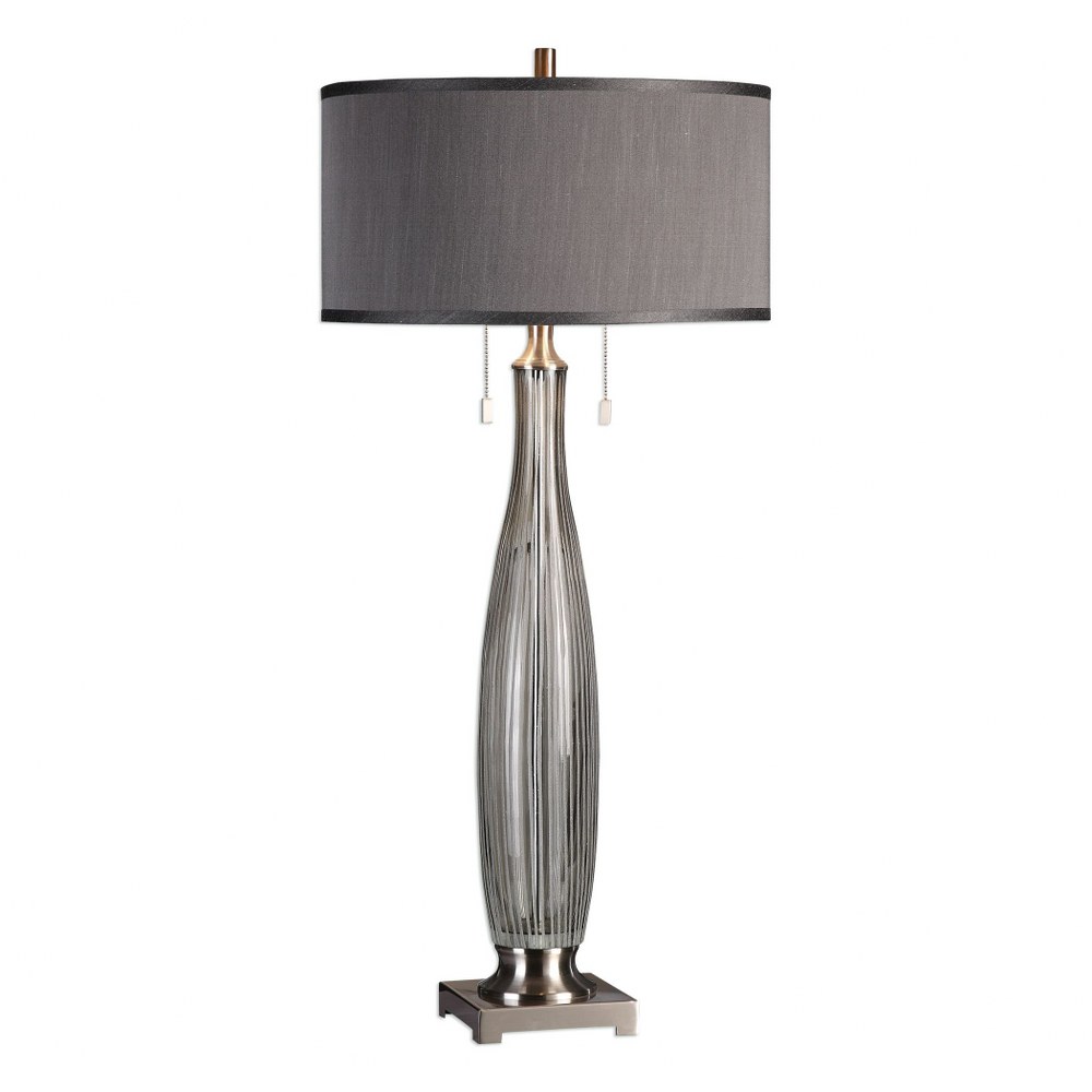 Uttermost-27199-Coloma - 2 Light Table Lamp - 18 inches wide by 18 inches deep   Brushed Nickel Finish with Light Smoke-Gray Glass with Gray Linen Fabric Shade