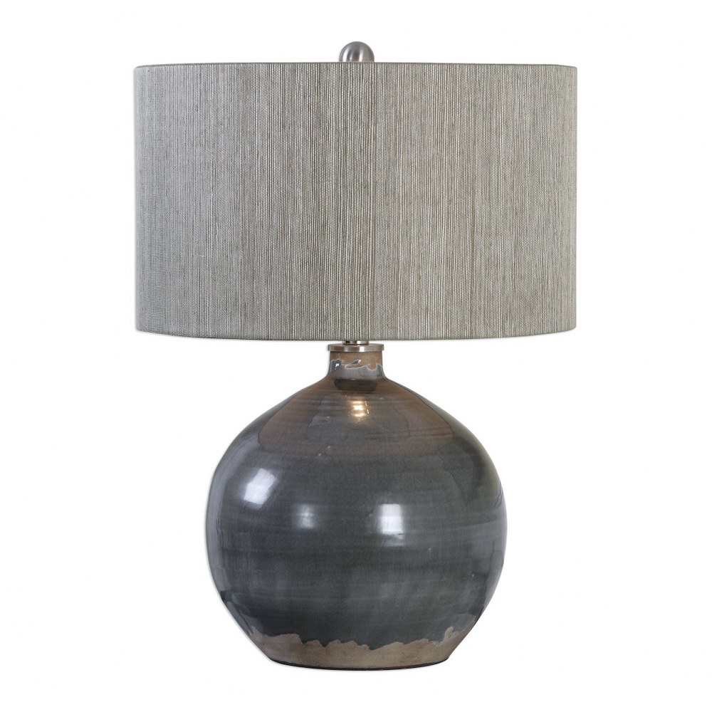 Uttermost-27215-1-Vardenis - 1 Light Table Lamp   Crackled Charcoal Gray Ceramic Glaze/Rust Brown/Brushed Nickel Finish with Textured Woven Rattan Shade