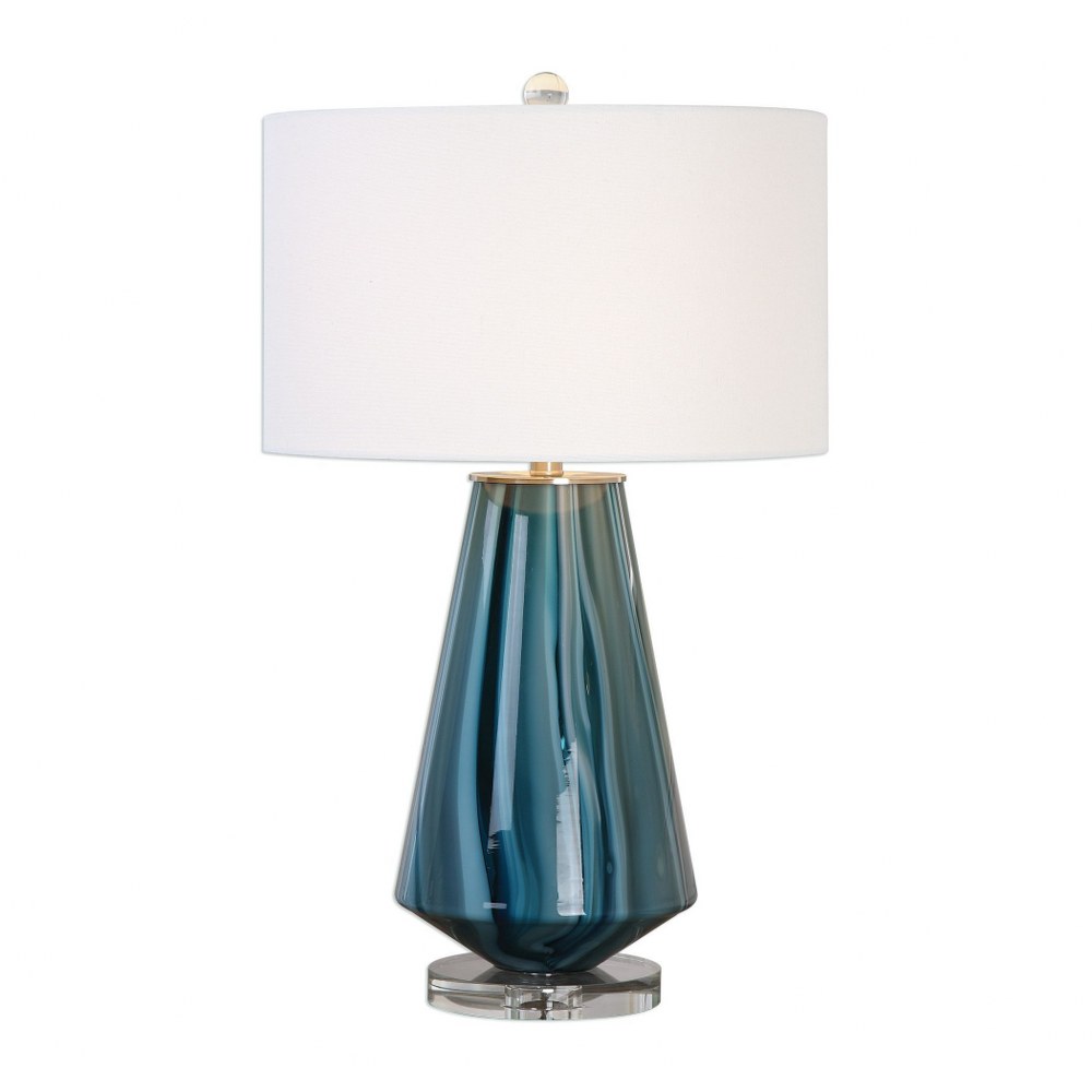 Uttermost-27225-1-Pescara - 1 Light Table Lamp   Blue Ivory/Brushed Nickel/Crystal Finish with Teal-Gray Glass with Ivory Linen Fabric Shade