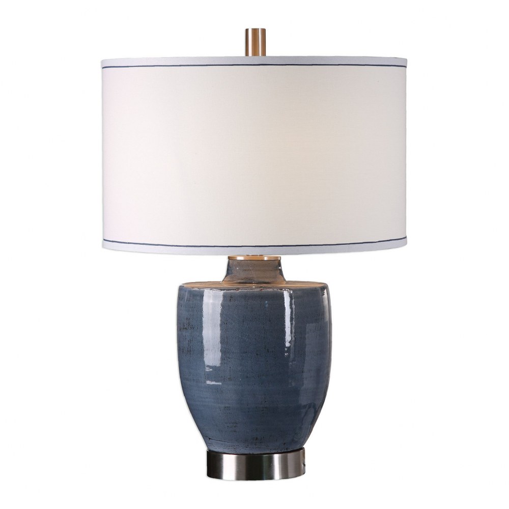 Uttermost-27339-1-Sylvaine - 1 Light Table Lamp - 18 inches wide by 18 inches deep   Crackled Blue-Gray Glaze/Black/Brushed Nickel Finish with White Linen Fabric Shade