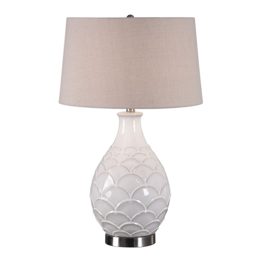 Uttermost-27534-1-Camellia - 1 Light Table Lamp - 17 inches wide by 17 inches deep   Distressed Glossed White Glaze/Brushed Nickel Finish with Light Oatmeal Linen Fabric Shade