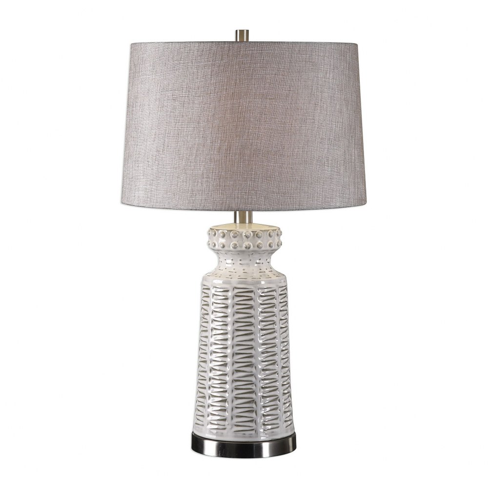 Uttermost-27535-1-Kansa - 1 Light Table Lamp   Distressed Glossed White Glaze/Brushed Nickel Finish with Light Gray Beige Linen Fabric Shade